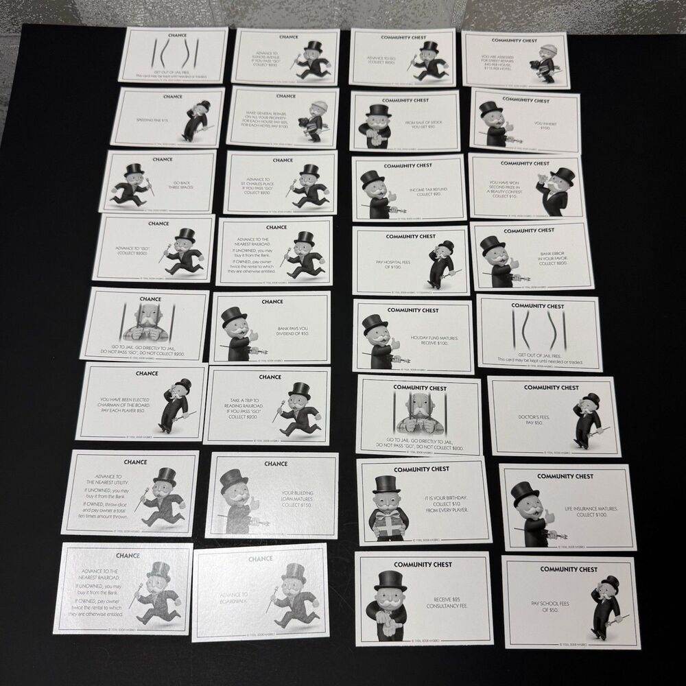 2008 Monopoly Replacement Chance & Community Chest Cards Complete Set Hasbro